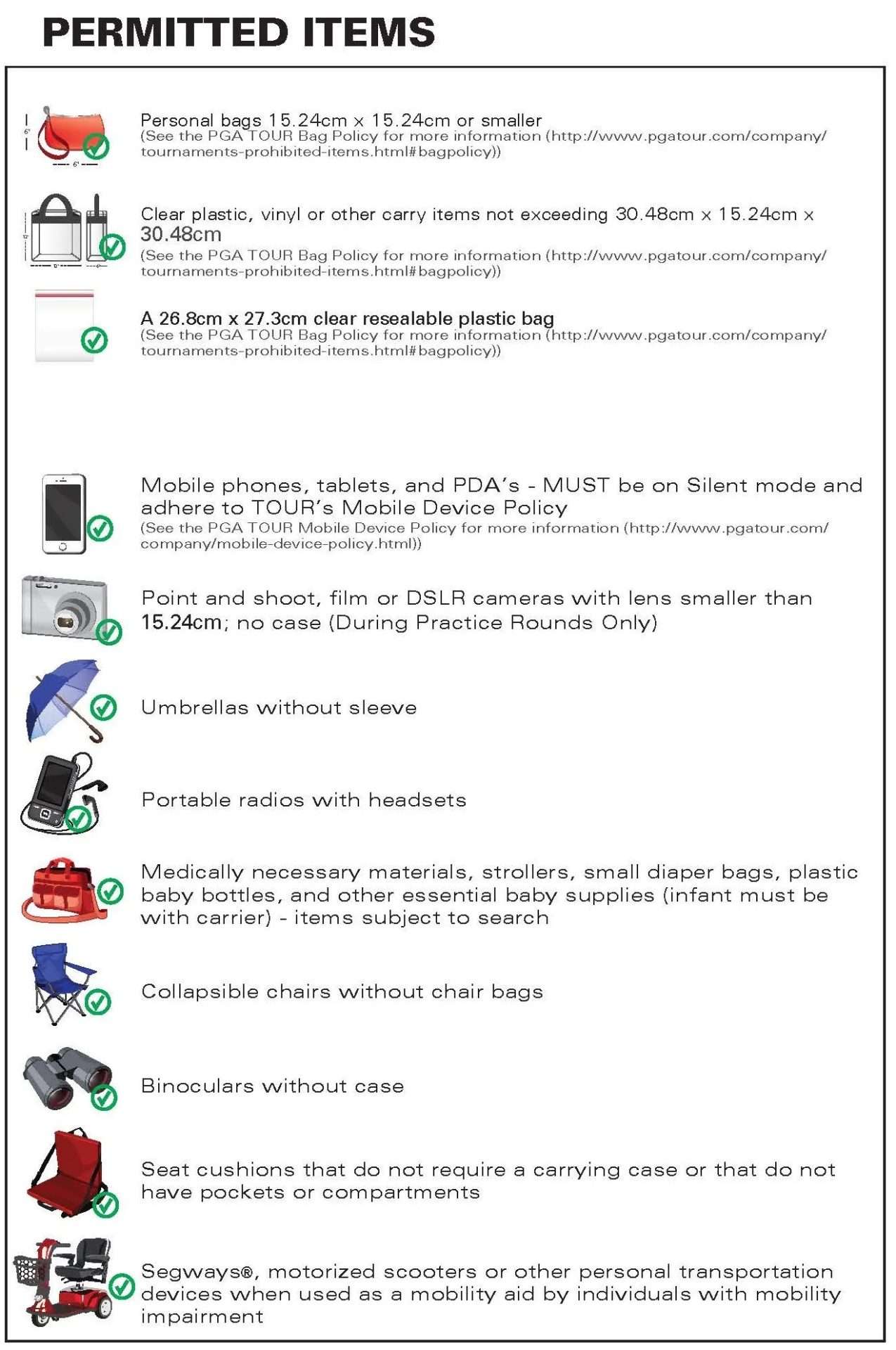 Permitted items list for spectators at the OccuNet Golf Tournament in Amarillo, TX